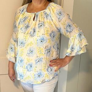 Floral Ruffle Sleeve Blouse - Blue and Yellow